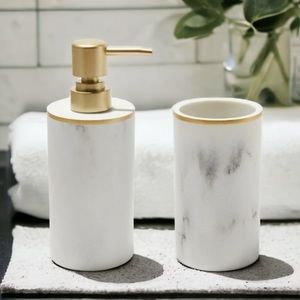 Sunday Citizen White Faux Marble Bath Set (Soap Dispenser and Cup)